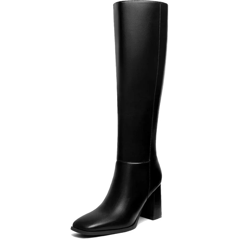 Women's Faux Leather Black Square Toe Side Zipper Chunky Heel Knee High Boots